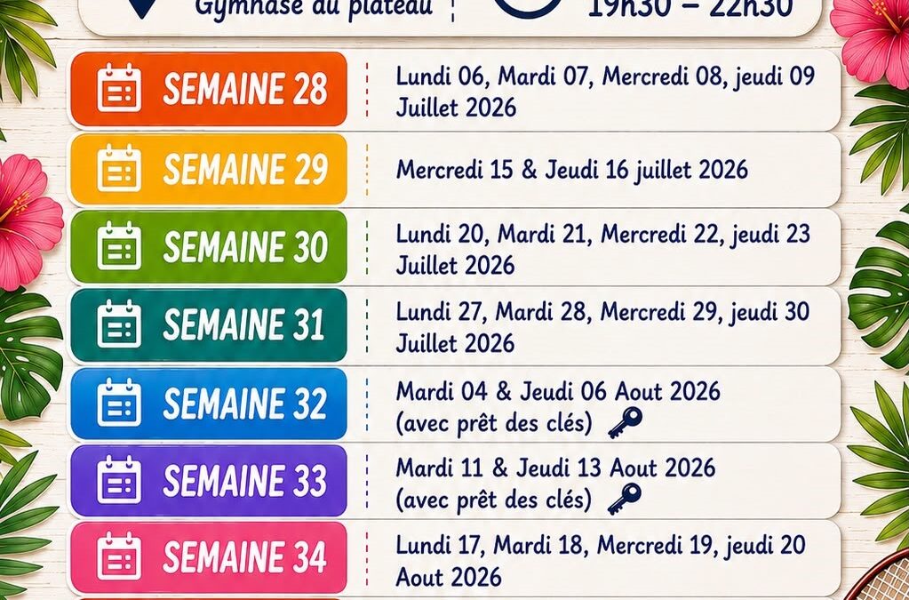 Planning créneaux jeu libre été 2026